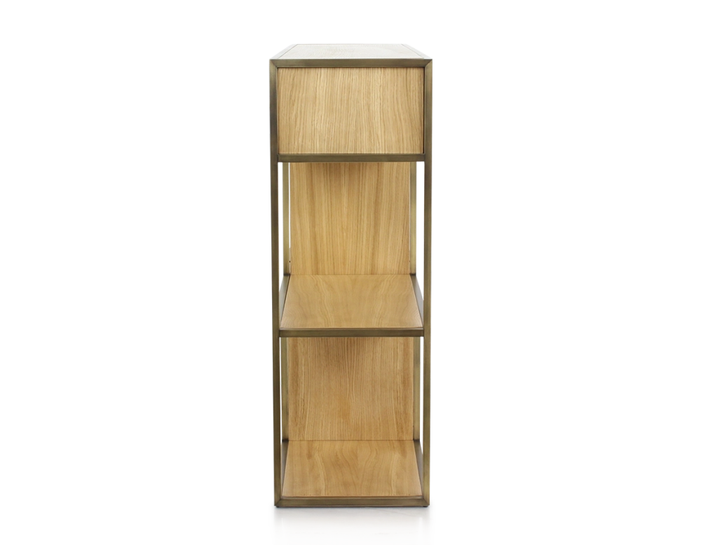 Console design frêne teinte naturelle et métal patine laiton