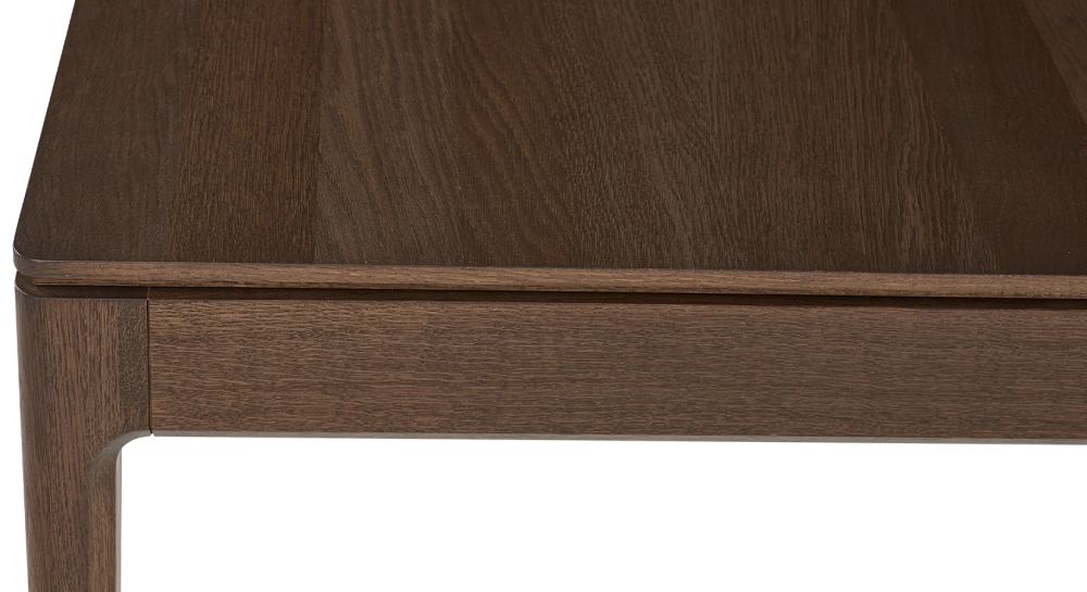 Extendable oak table for 8 to 12 people with dark brown stained wood top and extensions 180x100 cm