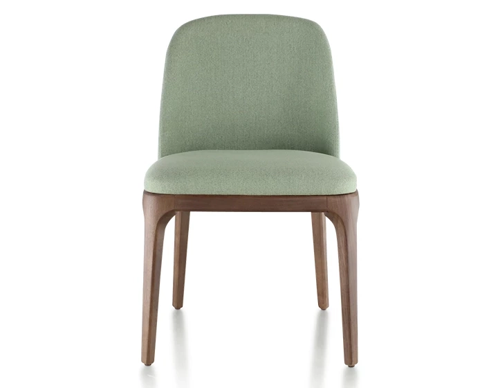 Chaise design bois teinte marron foncé et tissu vert sauge