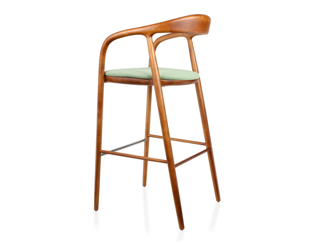 Tabouret de bar h80 cm teinte merisier assise tissu vert bois teinte merisier et tissu vert