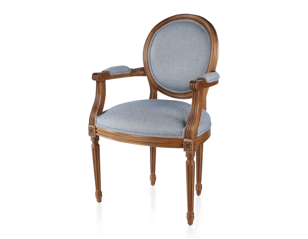 Silla antigua estilo Luis XVI con reposabrazos madera con tinte envejecido y tejido chevron azul