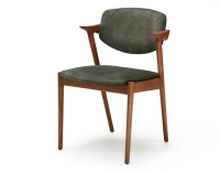 Chaise scandinave bois teinte merisier assise tissu velours vert forêt
