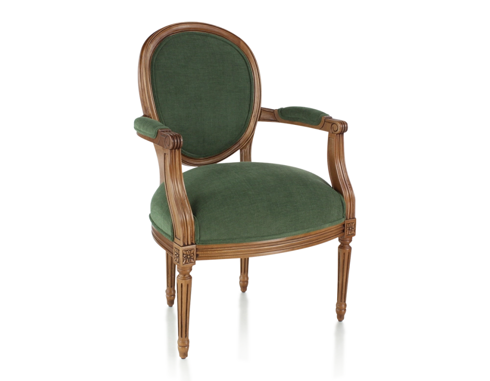 Sillón antiguo estilo Luis XVI madera con tinte envejecido y tejido verde oscuro