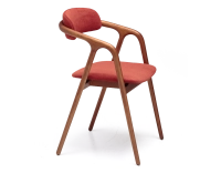 Chaise scandinave bois teinte merisier assise tissu beige orange brulé