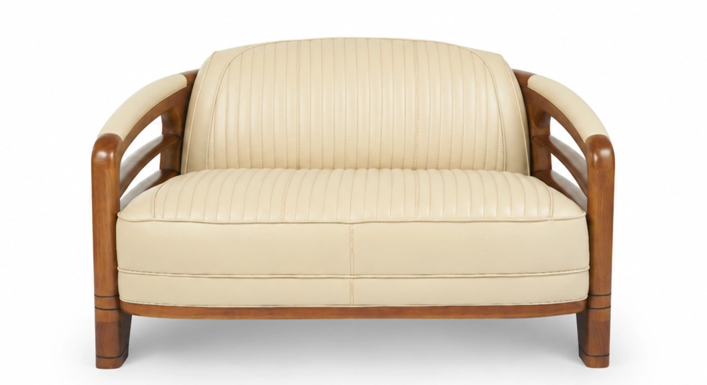 Sofá club de madera y piel de 2 plazas beige