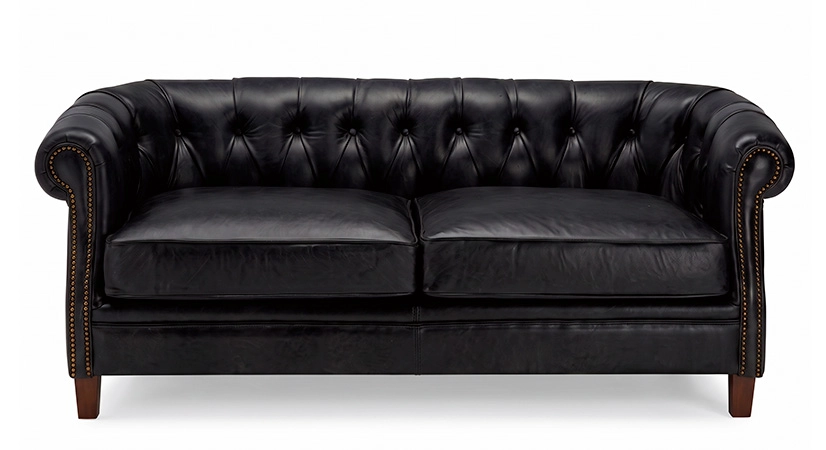 2 seater Chesterfield leather sofa black studded armrests