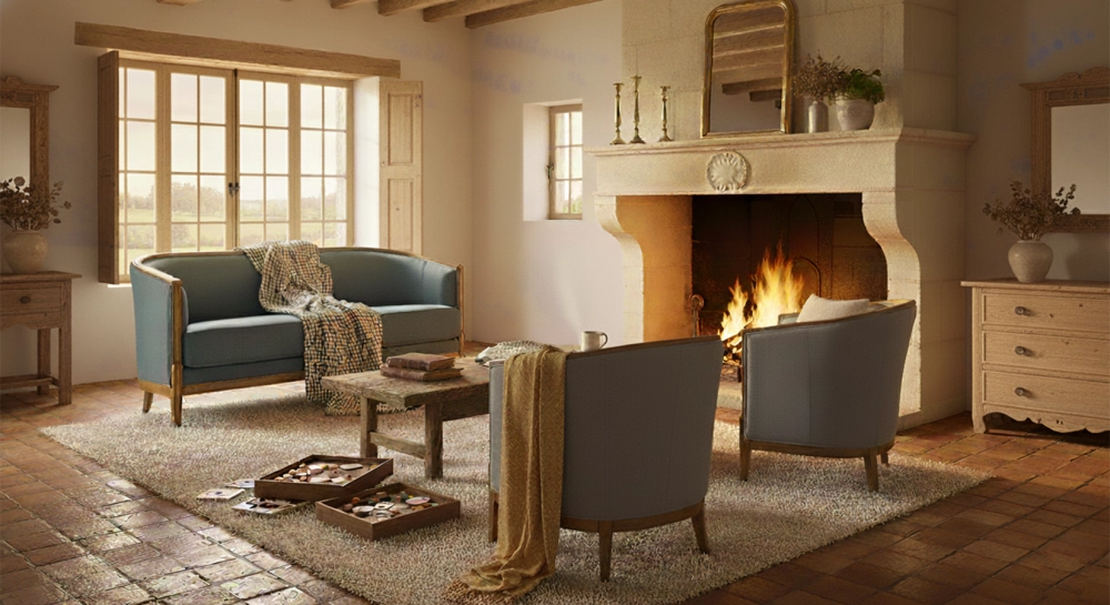 Antique 3 seater sofa with moulded armrests antique stained wood and ocean blue fabric