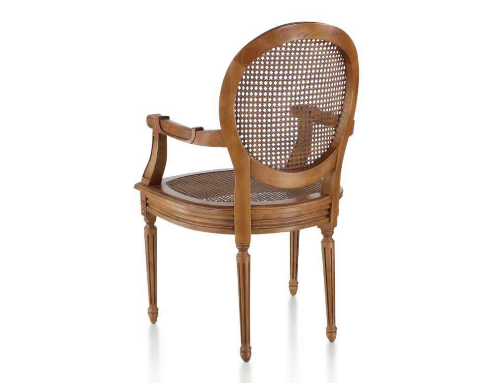 Chaise ancienne style Louis XVI avec accoudoirs bois teinte ancienne assise et dossier cannés
