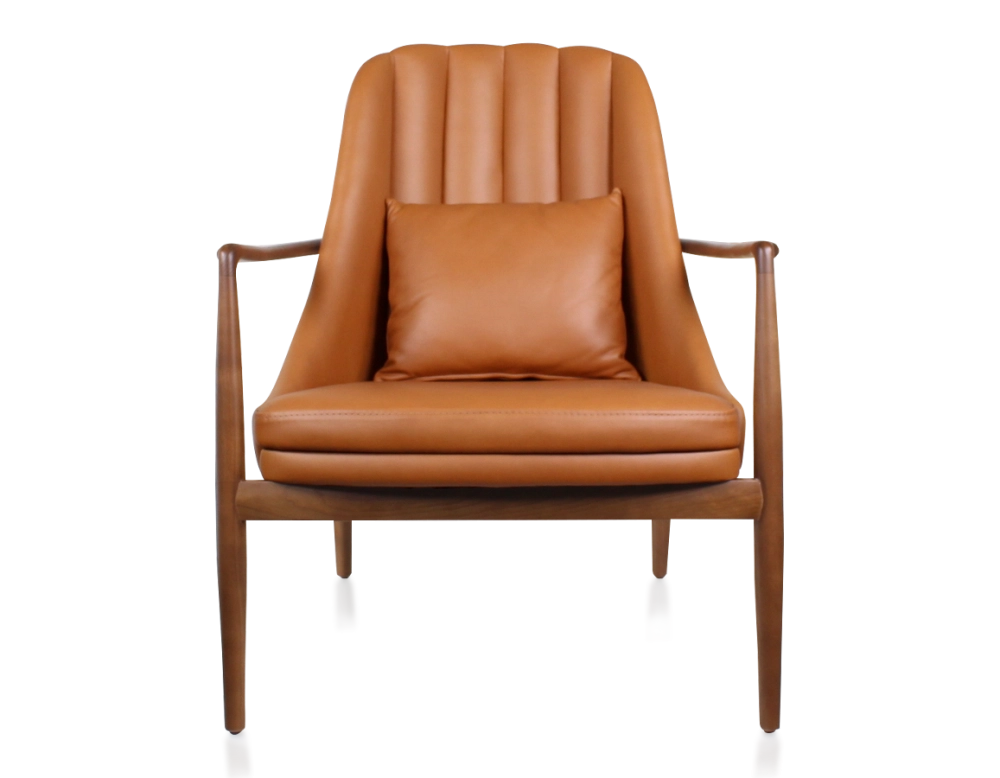 Scandinavian armchair cherry-stained wood and caramel leather