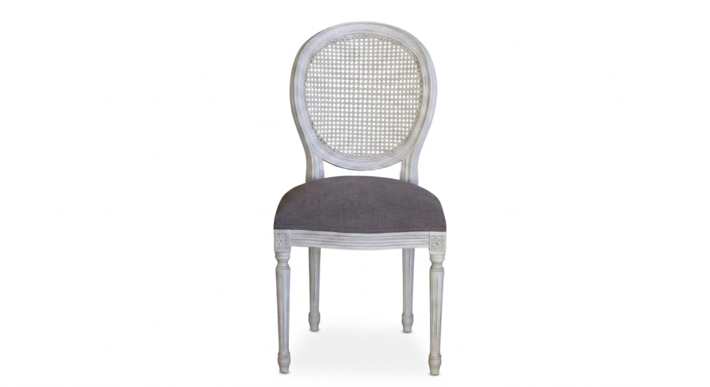 Chaise ancienne style Louis XVI dossier canné bois teinte cérusée blanche et tissu taupe