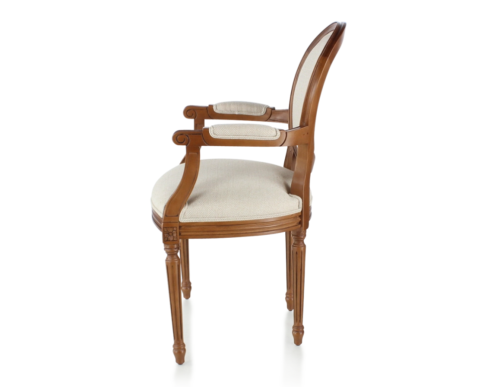 Chaise ancienne style Louis XVI avec accoudoirs bois teinte ancienne et tissu chevron beige