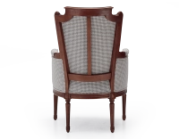 Fauteuil bergère style Louis XVI bois teinte ancienne et tissu pied de poule blanc et taupe