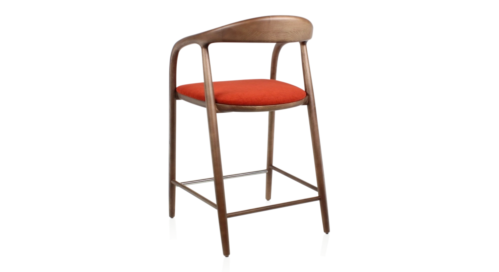 Tabouret de bar H60 cm bois teinte marron foncé et tissu orange brulé