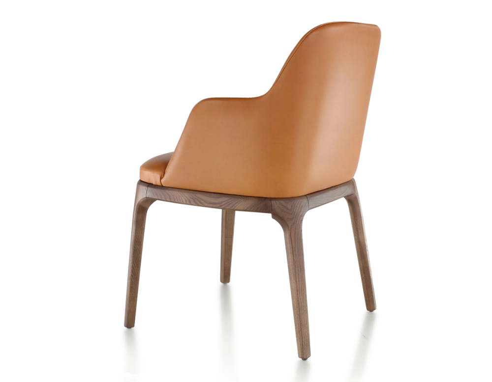Chaise design avec accoudoirs bois teinte marron foncé et cuir caramel