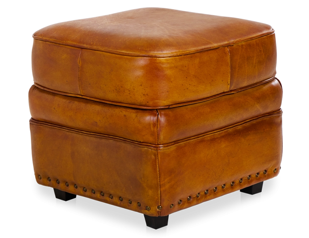 Pouf cuir cognac bord clouté