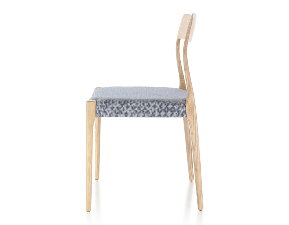 Scandinavian chair natural stained wood, blue chevron fabric seat