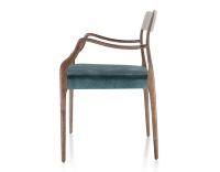 Scandinavian armchair with armrests dark brown stained wood, petrol blue velvet seat