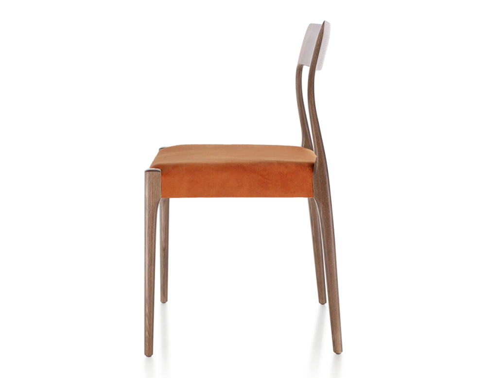 Scandinavian chair wood stained dark brown seat terracotta velvet fabric