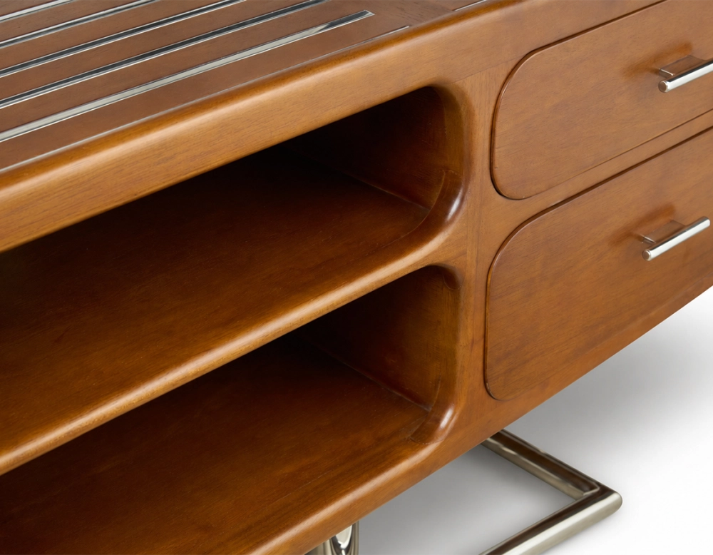 Meuble TV art déco métal et bois teinte merisier