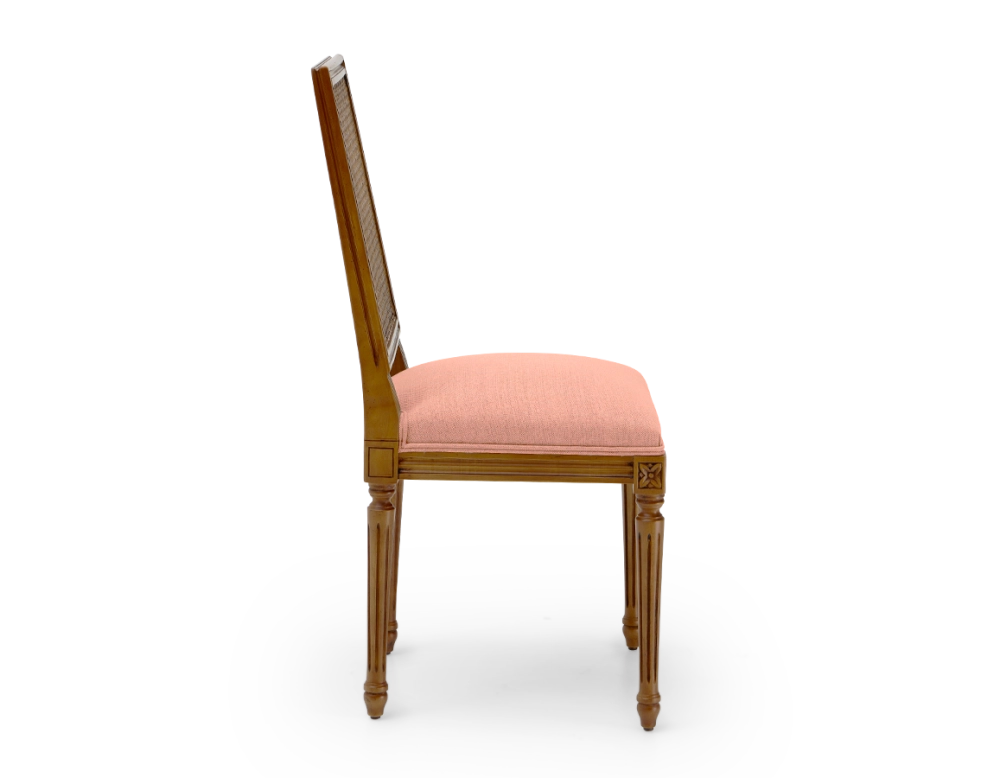 Silla antigua estilo Luis XVI respaldo de rejilla asiento de tejido rosa coral