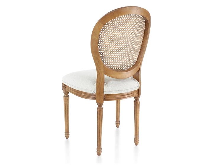 Antique Louis XVI style chair wood stained old style caned back seat natural beige fabric