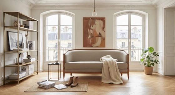 Antique 3 seater sofa with moulded armrests bois teinte ancienne et tissu beige naturel