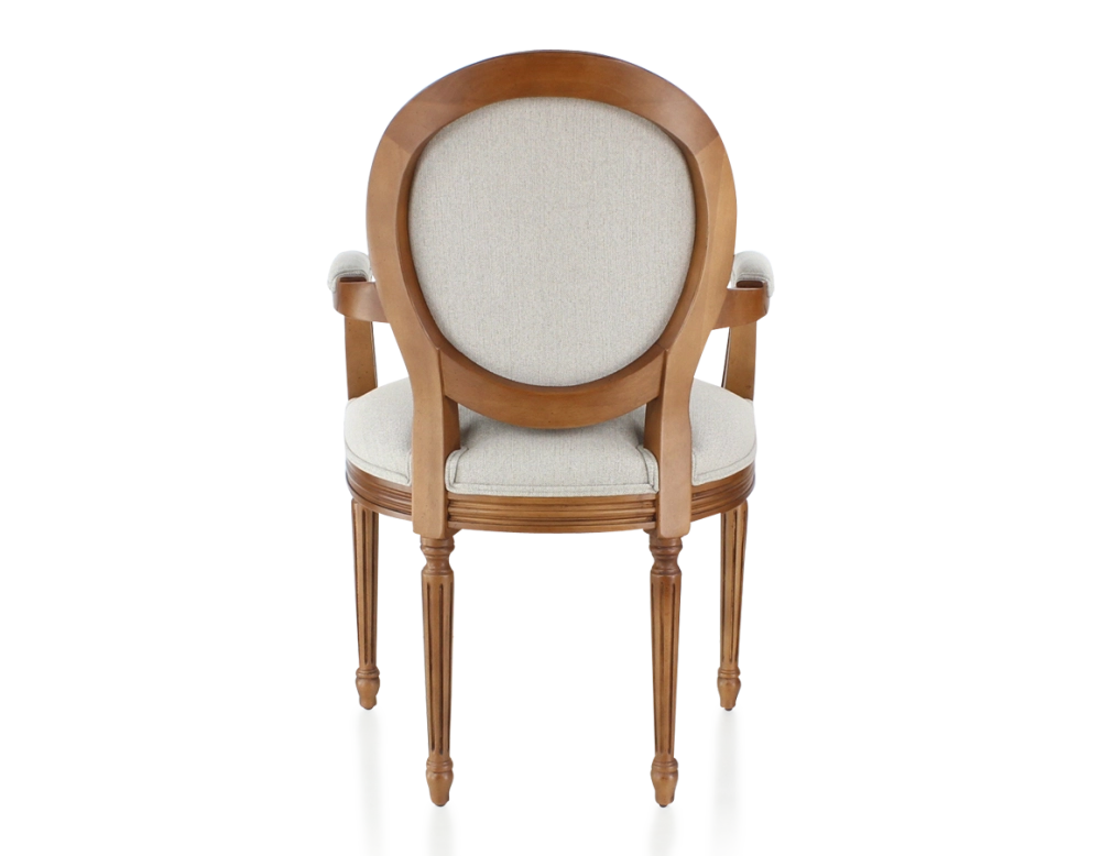 Chaise ancienne style Louis XVI avec accoudoirs bois teinte ancienne et tissu beige naturel