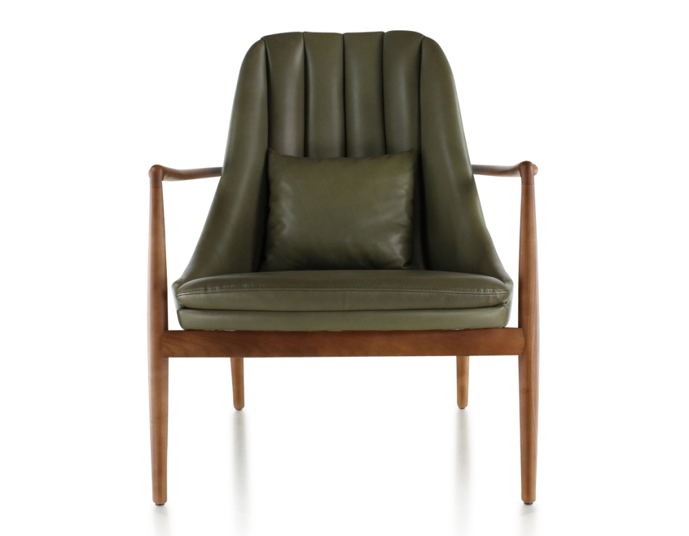Scandinavian armchair bois teinte merisier et cuir vert kaki