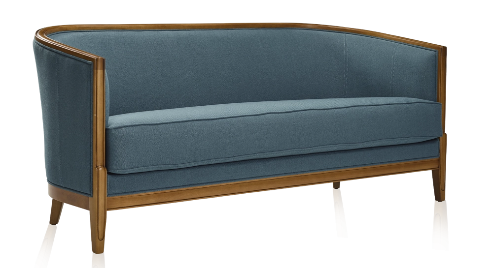 Antique 3 seater sofa with moulded armrests antique stained wood and ocean blue fabric