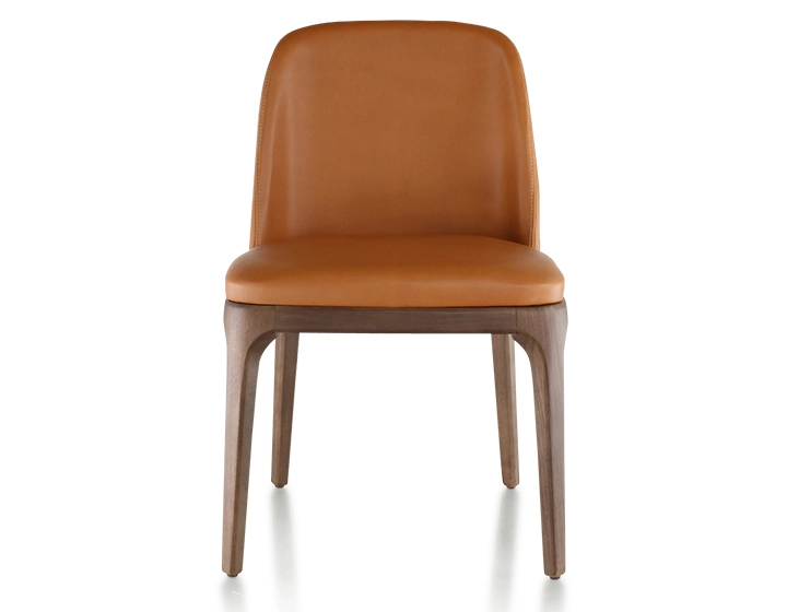 Designer chair dark brown stained wood and caramel leather