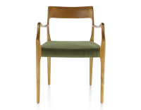 Silla escandinava con reposabrazos madera tinte cerezo asiento tejido verde oliva