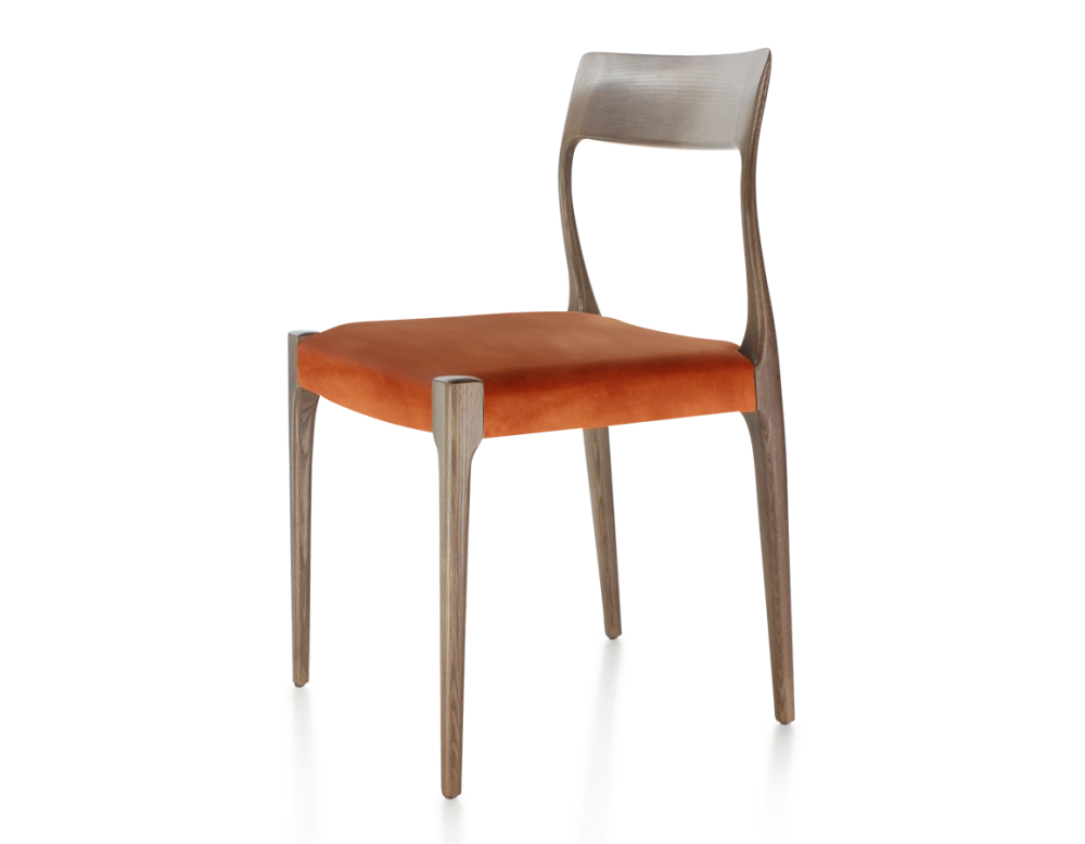 Scandinavian chair wood stained dark brown seat terracotta velvet fabric