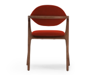Chaise design avec accoudoirs bois teinte marron foncé et tissu orange brulé