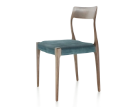 Chaise scandinave bois teinte marron foncé assise tissu velours bleu pétrole