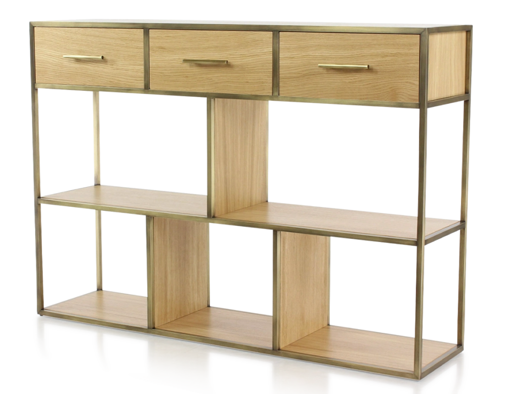 Console design frêne teinte naturelle et métal patine laiton