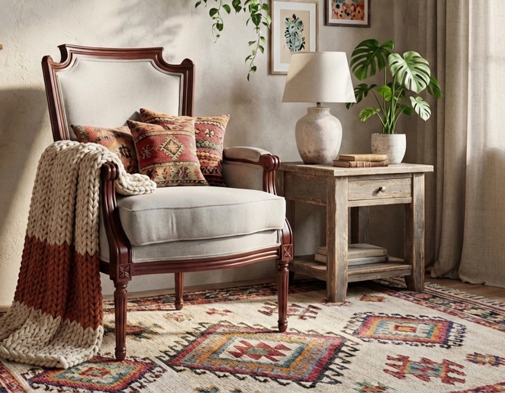 Sillón bergère estilo Luis XVI madera con tinte envejecido y tejido beige natural