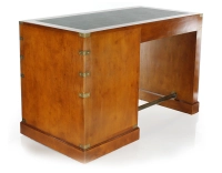 Bureau marine 5 tiroirs bois teinte merisier et cuir vert