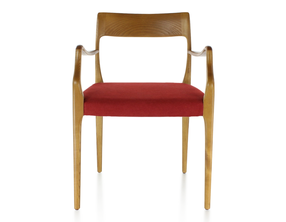 Chaise scandinave avec accoudoirs bois teinte merisier assise tissu bordeaux