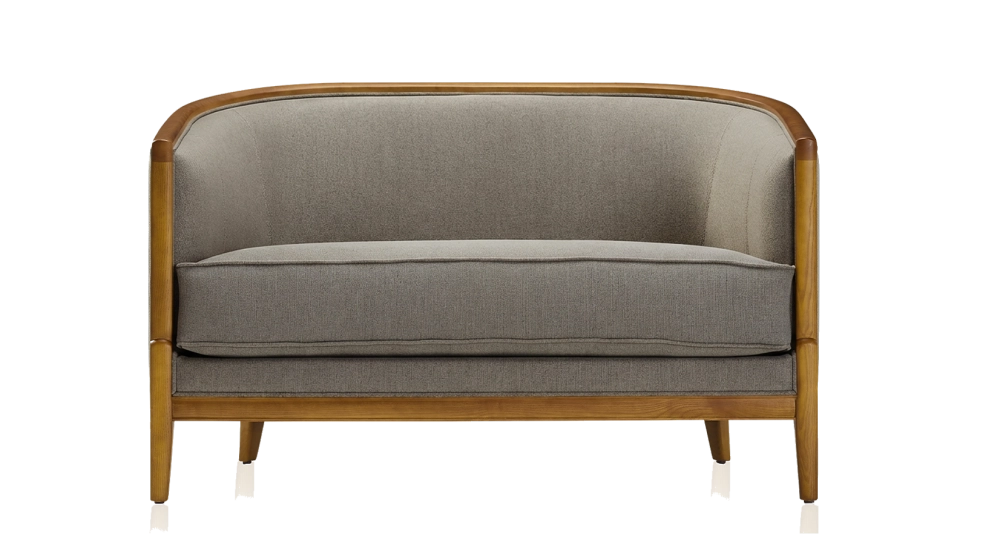 Canapé vintage 2 places bois teinte meriser et tissu gris clair