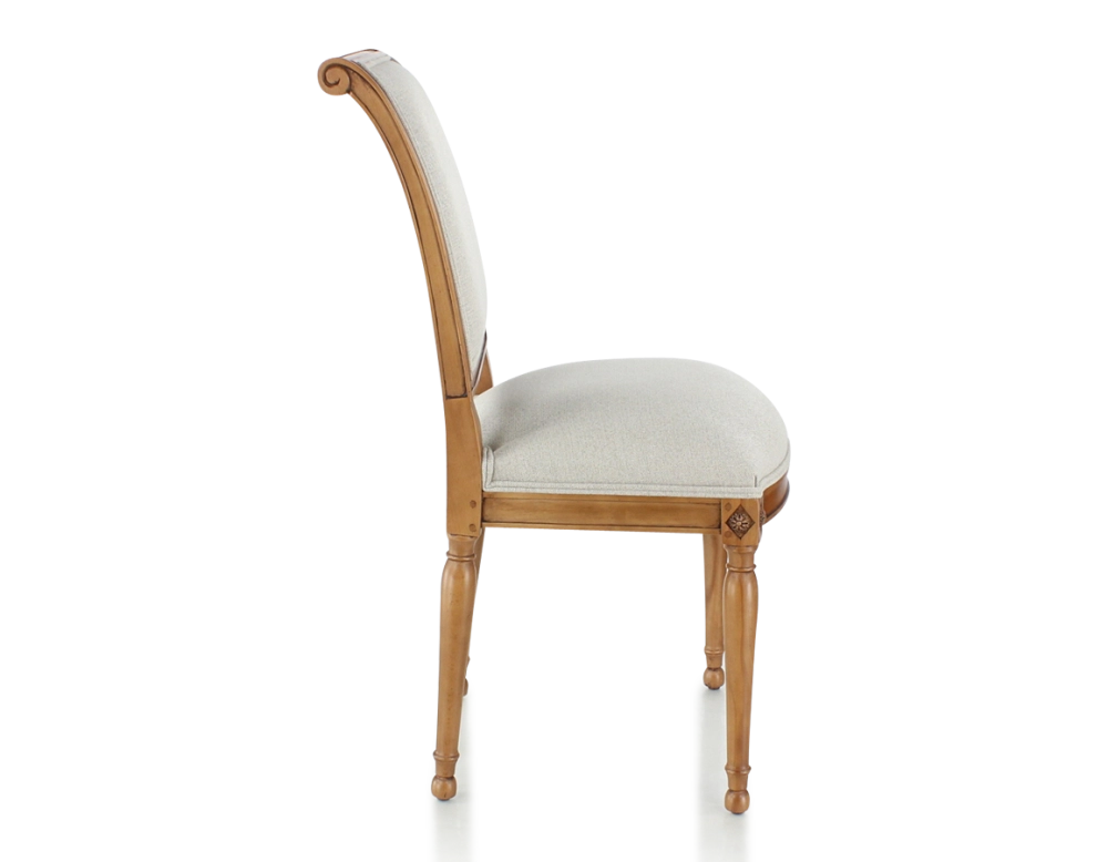 Antique Directoire style chair wood stained antique and natural beige fabric