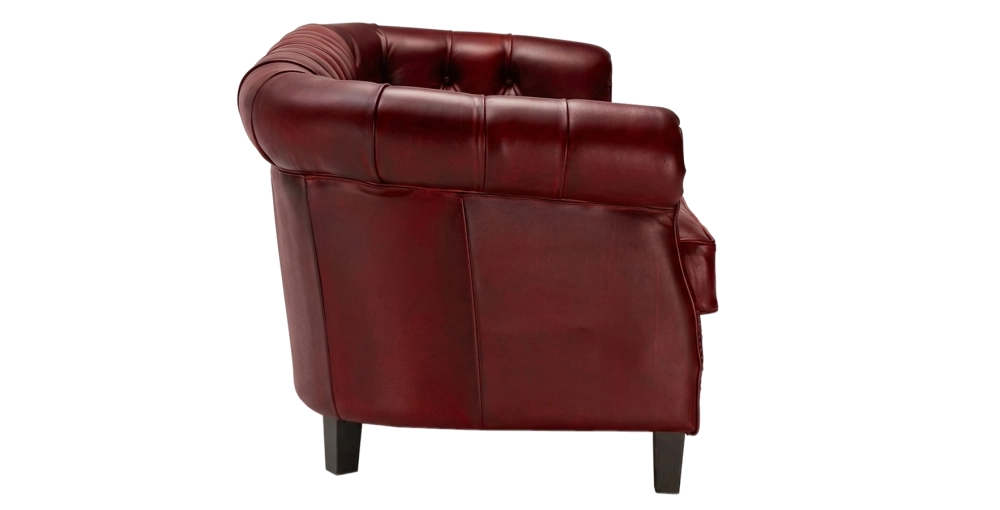 Canapé Chesterfield cuir 2 places rouge carmin accoudoirs cloutés