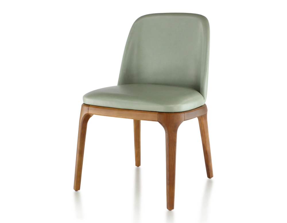 Chaise design bois teinte merisier et cuir cuir vert sauge