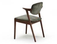 Scandinavian chair dark brown stained wood with forest green velvet seat.