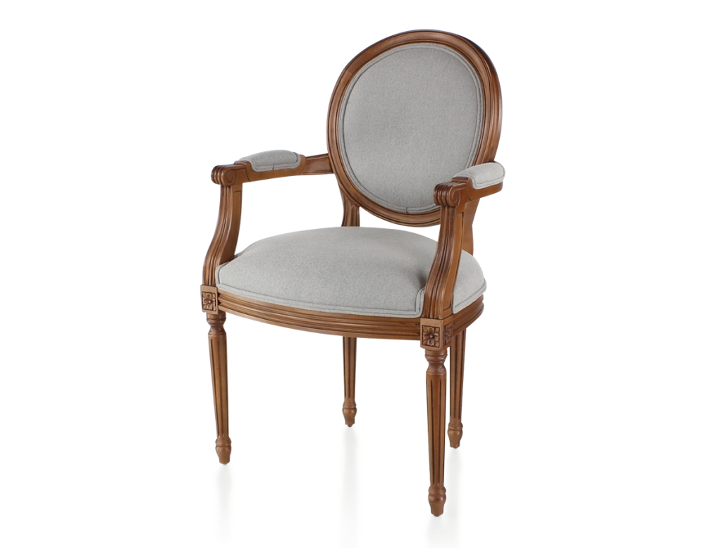 Chaise ancienne style Louis XVI avec accoudoirs bois teinte ancienne et tissu gris clair