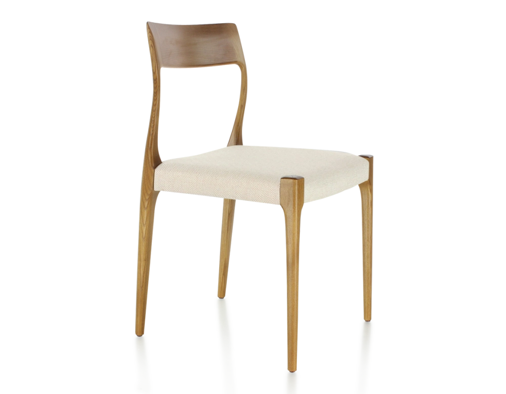 Chaise scandinave bois teinte merisier assise tissu chevron beige