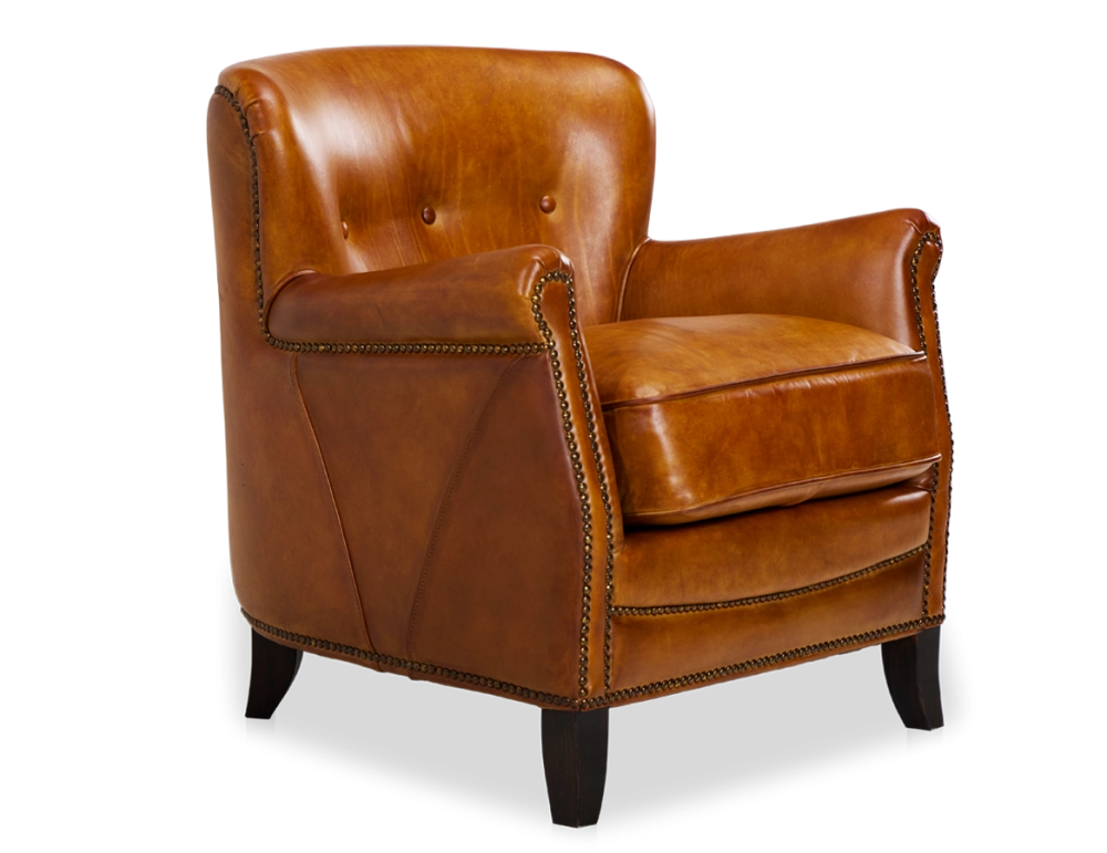 Fauteuil club cuir cognac accoudoirs cloutés