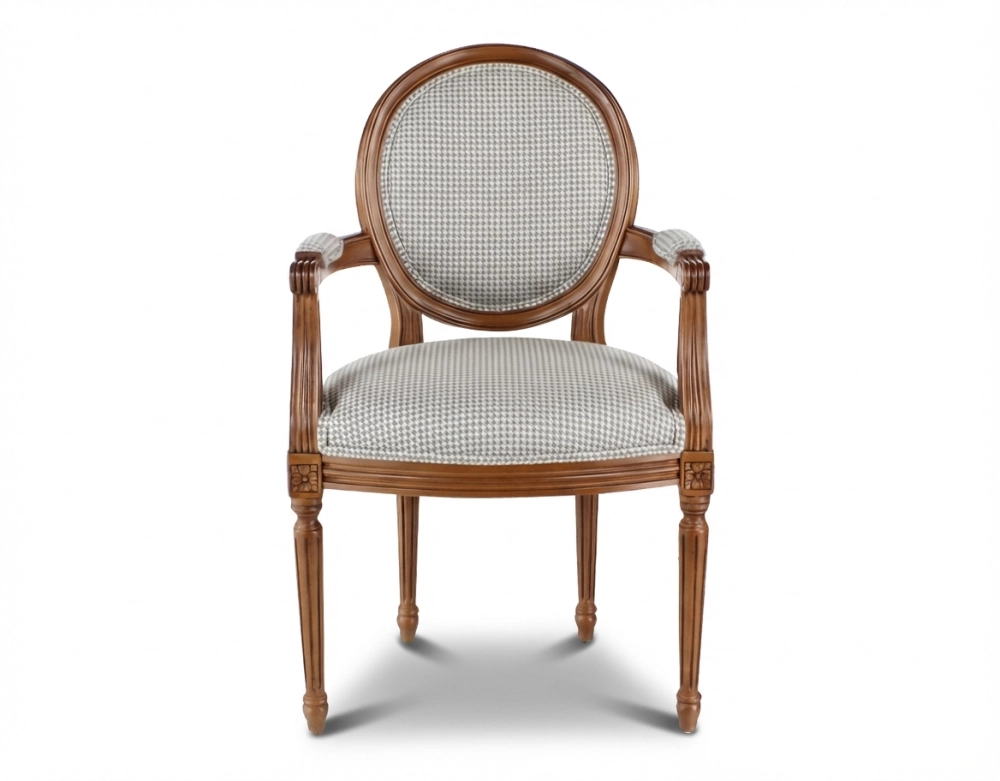 Fauteuil ancien style Louis XVI bois teinte ancienne et tissu pied de poule blanc et taupe