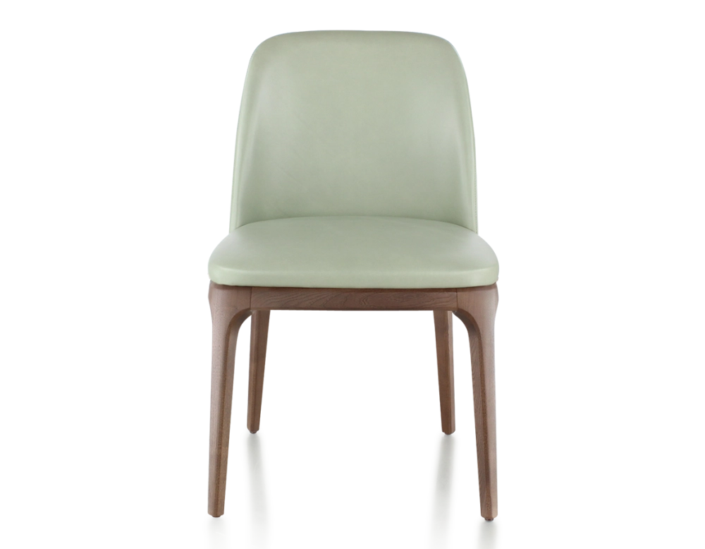 Chaise design bois teinte marron foncé et cuir vert sauge