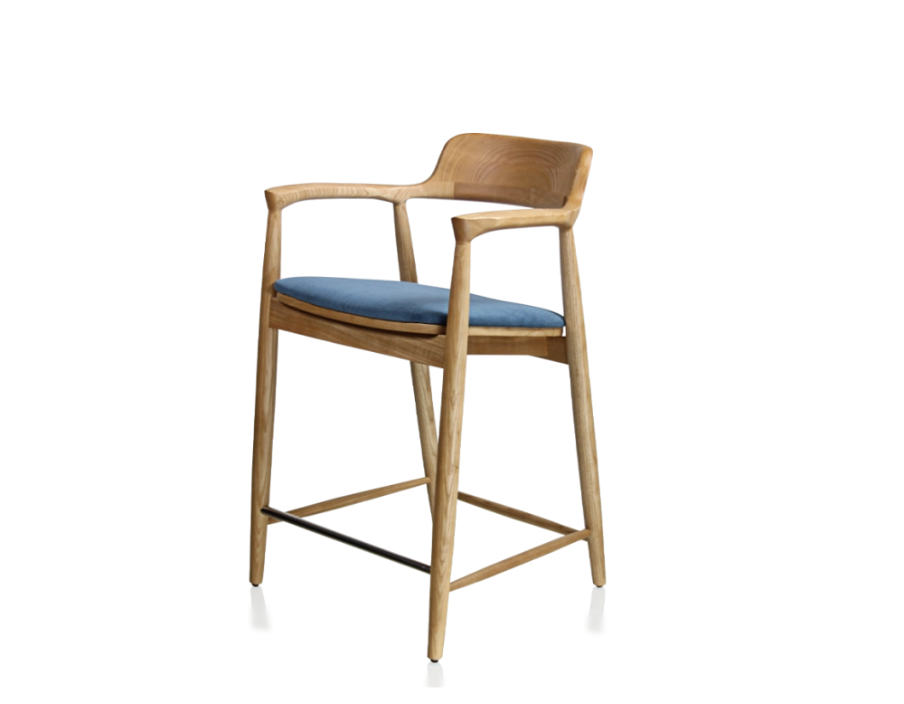 Bar stool h60 cm natural tint wood, denim blue fabric seat