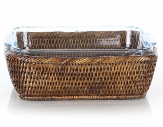Plat pyrex carré avec support en rotin brun